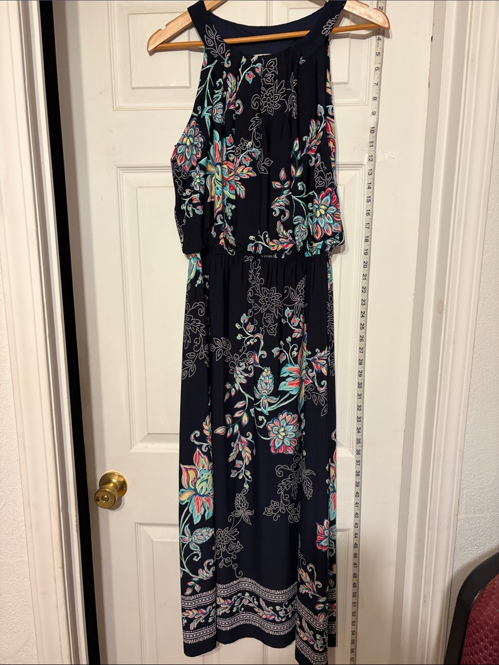 Robbie Bee Navy Floral Halter Maxi Dress with Teal and Pink Accents